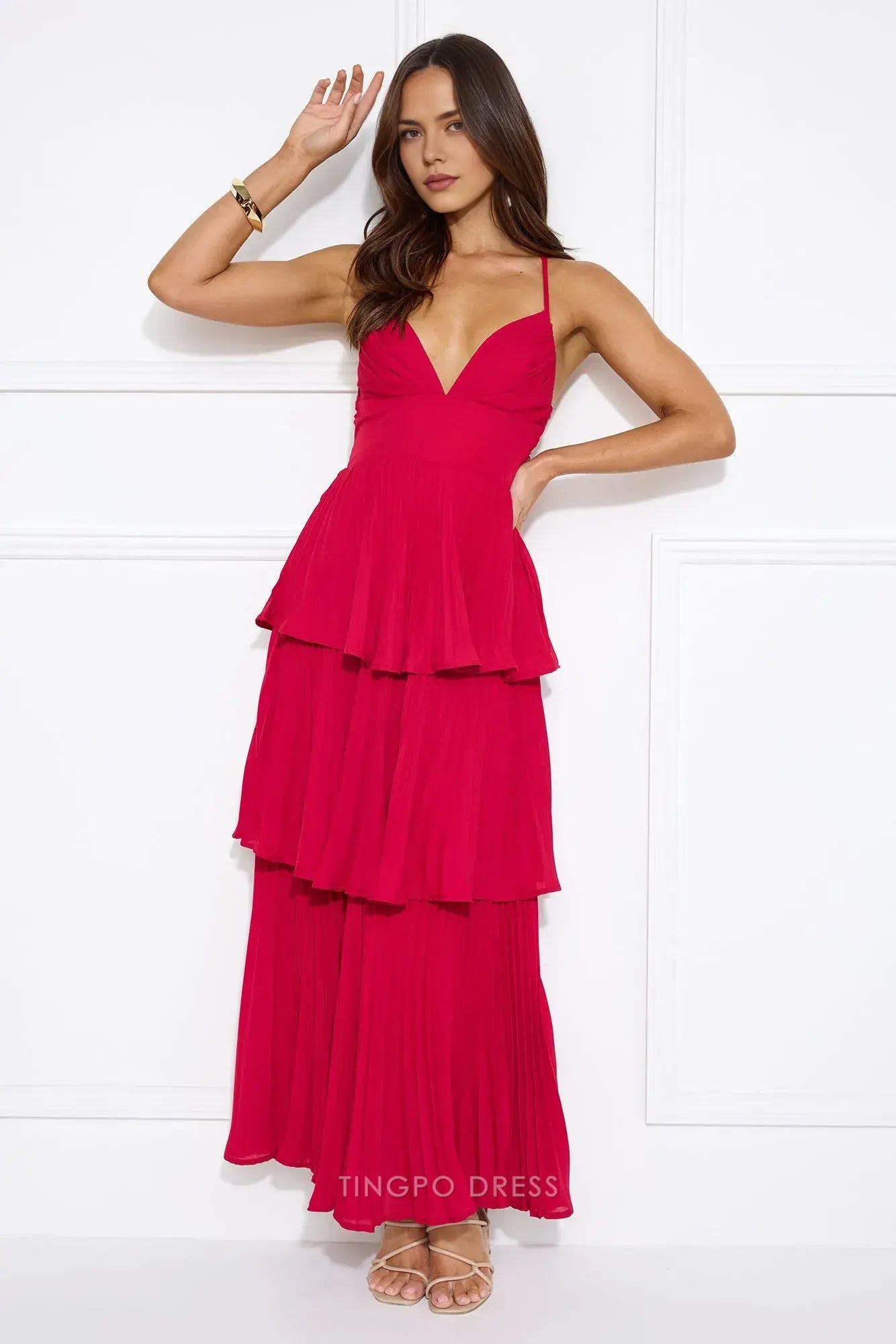 Red Tiered Pleated Maxi Dress with Criss - Cross Back Prom Dress